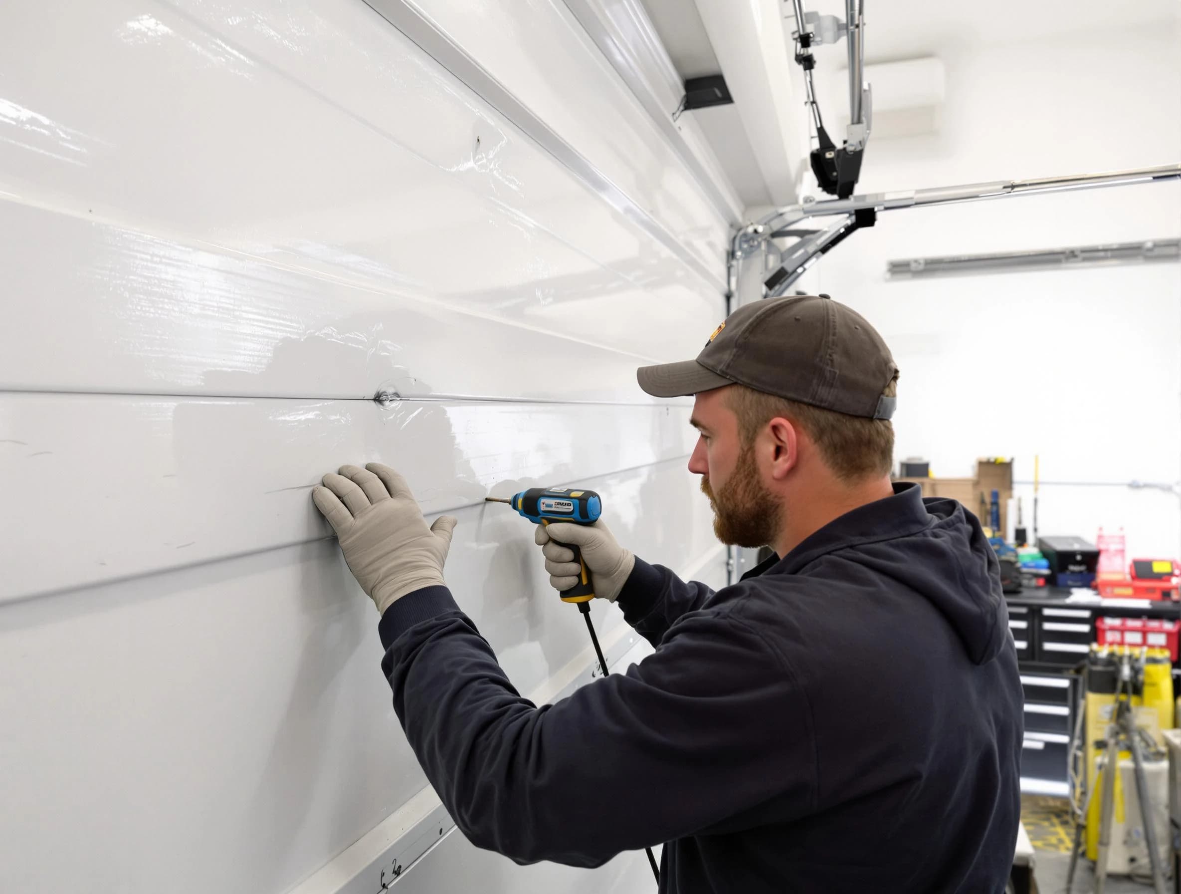 Stone Mountain Garage Door Repair technician demonstrating precision dent removal techniques on a Stone Mountain garage door