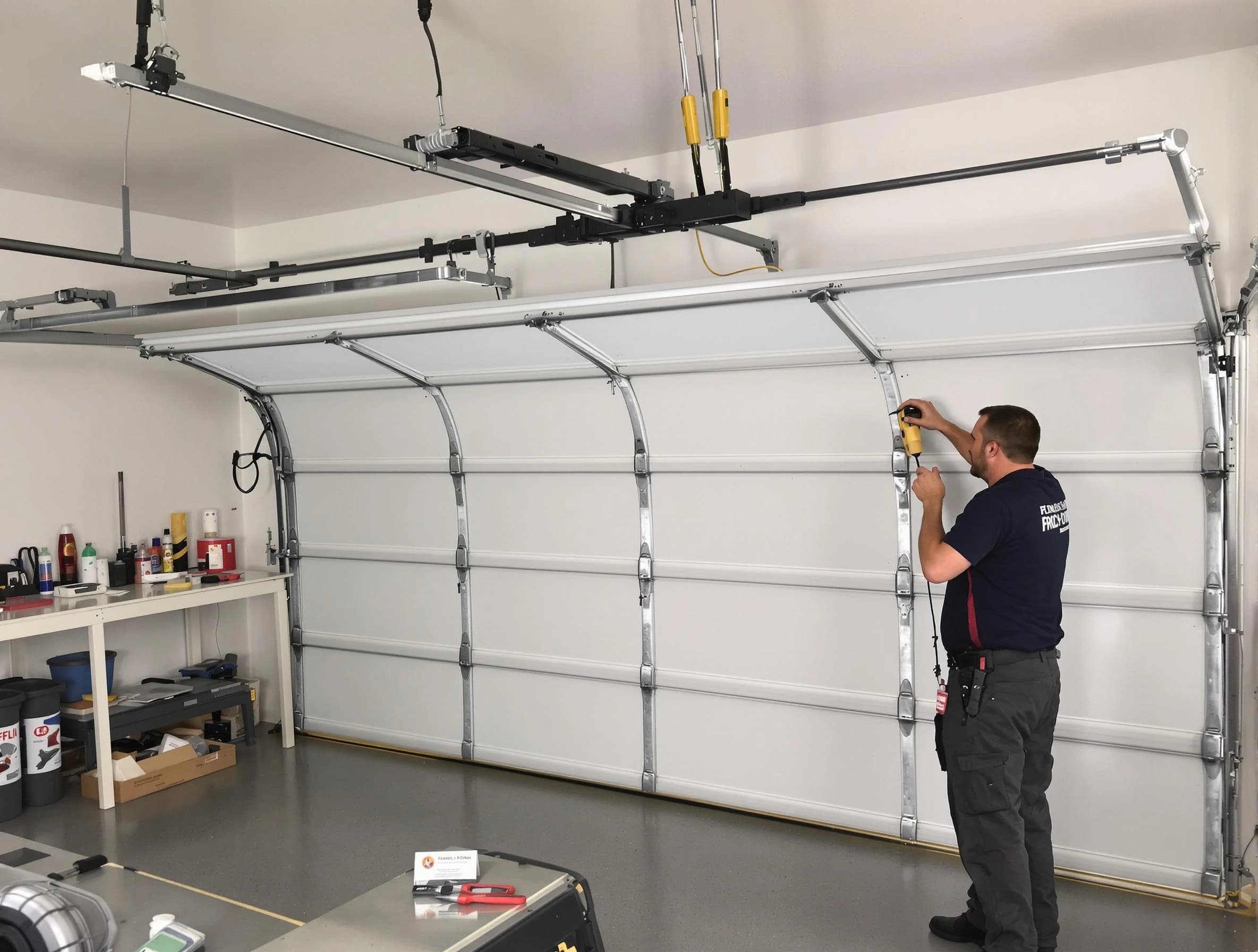 Stone Mountain Garage Door Repair certified technician performing overhead door system repair in Stone Mountain